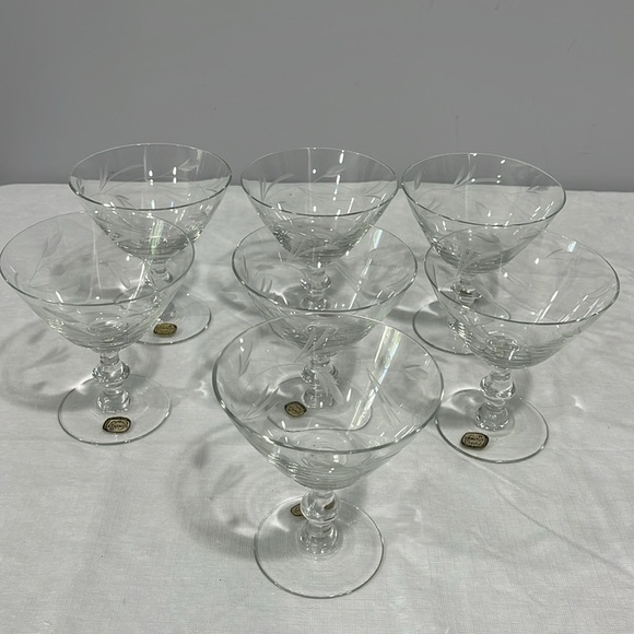 Vintage MCM Bohemia crystal etched champagne sorbet cocktails glasses set of 7 - Picture 7 of 15
